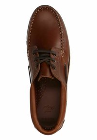 Braune Leder-Schnürschuhe mit einer runden Zehenform, genähten Akzenten, durchlöchertem Fußbett und kontrastierenden Seitenpaneelen. Flache Gummisohle.