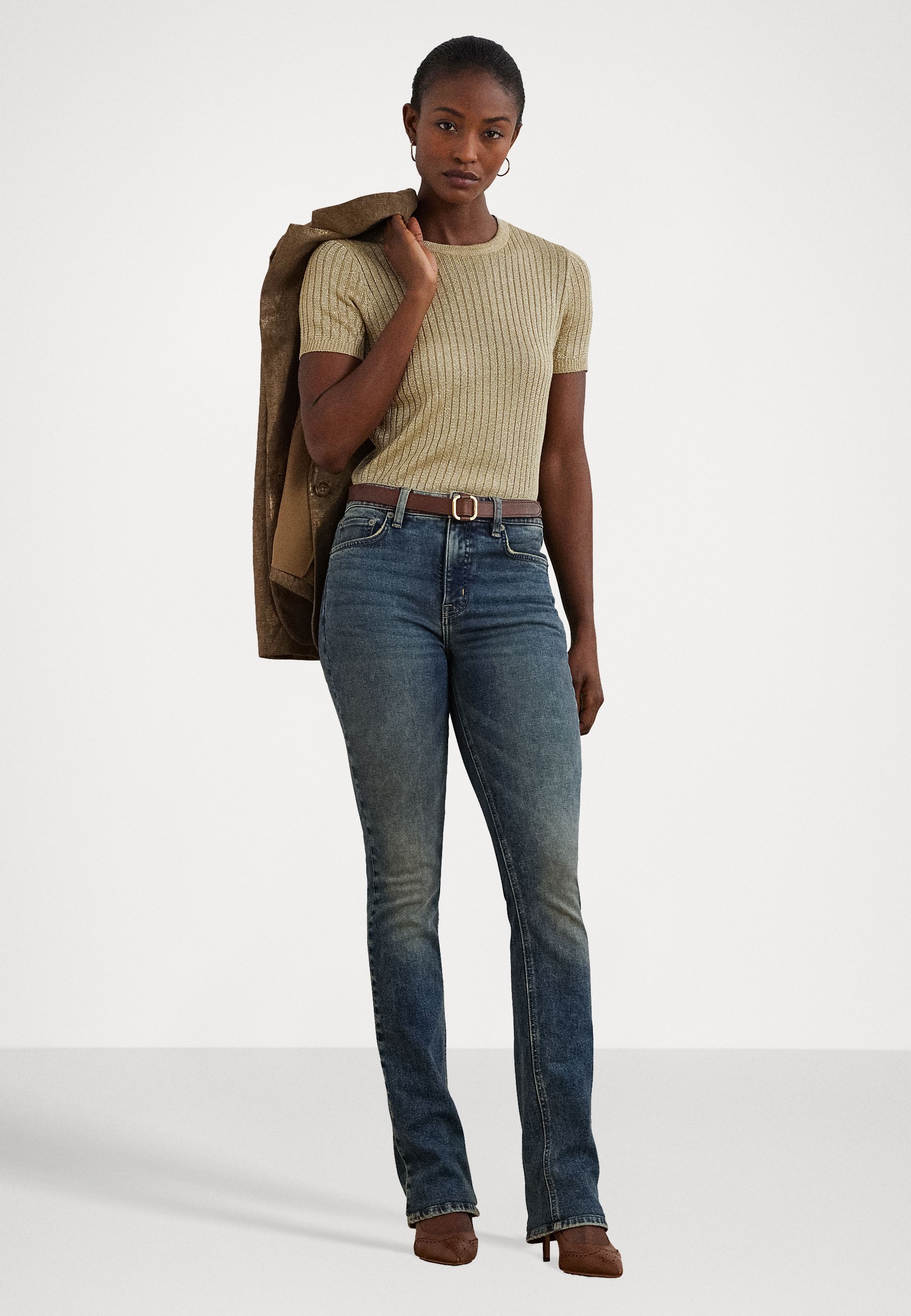 売れ筋商品|||ラルフローレン Tシャツ レディース トップス LLIC RIB KNIT SHORT SLEEVE SWEATER - Print T-shirt - mineral gold Lauren Ralph Lauren METALLIC RIB KNIT SHORT SLEEVE SWEATER