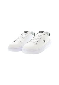 Sneakers in pelle bianca con punta rotonda, design con lacci, tallone nero a contrasto e discreto dettaglio del logo sul lato. Suola in gomma.