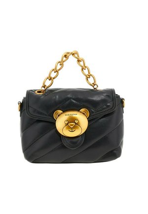 Borsa a tracolla in pelle nera con design trapuntato, tracolla in catena dorata e chiusura a forma di orsetto. Presenta una chiusura a patta e un'etichetta del marchio sulla chiusura.