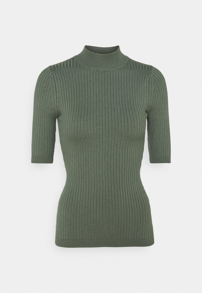 Haut ajusté en maille côtelée vert olive avec manches courtes et col montant, conçu pour la mode féminine.