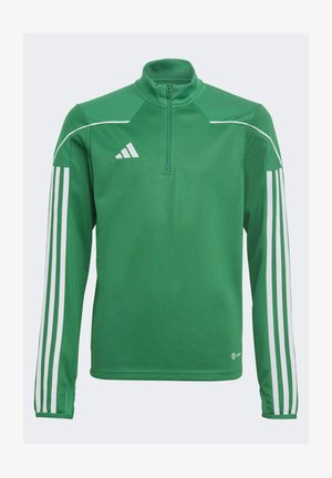 Pullover sportivo verde con alto colletto, zip frontale a metà e maniche lunghe. Strisce bianche lungo le maniche e logo Adidas sul petto. Tessuto liscio.
