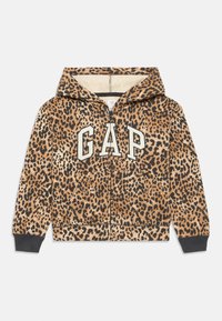 Felpa con zip a stampa leopardata con interno beige, caratterizzata da un ampio logo bianco "GAP" sul davanti e polsini e bordo nero a costine.