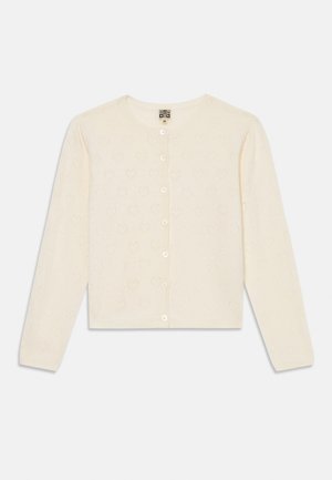 Kremfarget cardigan med knapper og lange ermer, prydet med et subtilt hjerte mønster i stoffet.