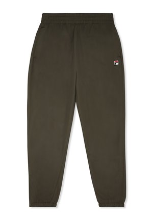 Joggers ligeros de color verde oliva con cintura y puños elásticos. Presentan un pequeño logotipo de la marca en la pierna izquierda. Textura suave.
