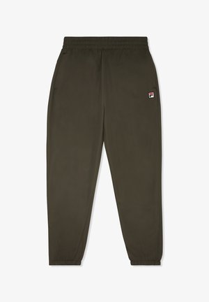 Joggers ligeros de color verde oliva con cintura y puños elásticos. Presentan un pequeño logotipo de la marca en la pierna izquierda. Textura suave.
