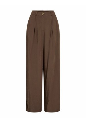 Pantalon marron taille haute à jambes larges, avec plis sur le devant, passants pour ceinture, fermeture par bouton et braguette zippée.