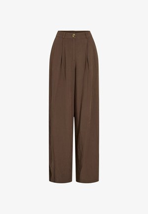 Pantalon marron taille haute à jambes larges, avec plis sur le devant, passants pour ceinture, fermeture par bouton et braguette zippée.