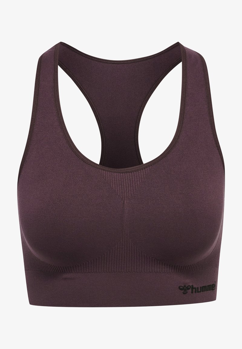 Fioletowy stanik sportowy z designem racerback, wykonany z elastycznego materiału. Posiada teksturowane detale i logo na dolnym pasku.