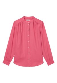 Camicia rosa con bottoni, maniche lunghe, spalle arricciate, orlo arrotondato, realizzata in tessuto leggero, con una superficie liscia e chiusura frontale a bottoni.