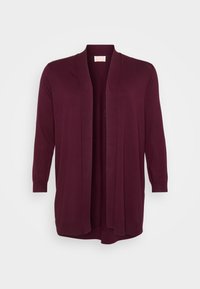 Open-front, long-sleeve, dark burgundy cardigan with ribbed cuffs and hem, displayed on a plain light background.