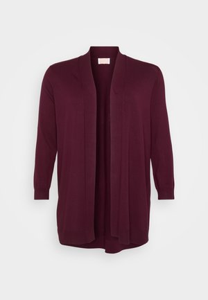 Open-front, long-sleeve, dark burgundy cardigan with ribbed cuffs and hem, displayed on a plain light background.