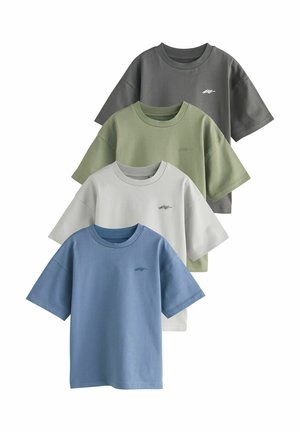 Four plain short-sleeve crew neck t-shirts in gray, olive green, light gray, and blue, each with a small logo on the chest.