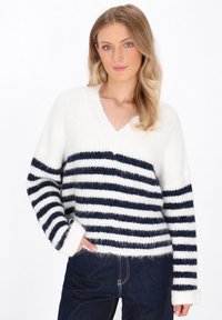 Gestreifter Pullover in Weiß und Marineblau mit V-Ausschnitt, langen Ärmeln und einem strukturierten, weichen Stoff. Verfügt über eine lockere Passform und gerippte Bündchen.