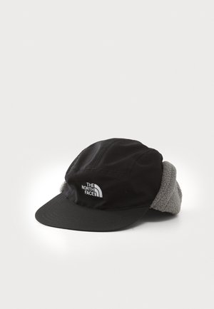 Black cap with a soft gray fleece lining, featuring a front visor and embroidered logo of The North Face on the side.