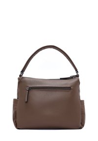 Borsa a tracolla in pelle marrone con superficie strutturata, dotata di manico superiore, chiusura con zip e tasca anteriore con zip. Struttura compatta.