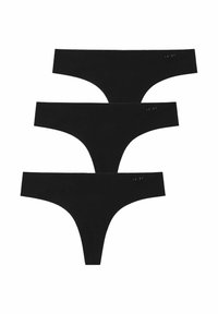 Schwarzes Tanga-Unterwäsche-Set bestehend aus drei Paaren aus einem glatten, leichten Stoff mit minimaler Naht und nahtlosem Design.
