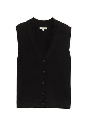 Black sleeveless cardigan with a v-neckline and five button closures. Knitted texture with a ribbed hem. Simple, classic design.