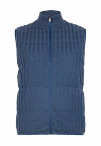 Blå stickad väst med hög krage och vertikal ribbad textur. Har en fullständig dragkedja framtill och två framfickor.