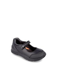 Zapato negro estilo Mary Jane con suela de goma, parte superior de textil, correa ajustable y plantilla acolchada. Presenta una puntera redondeada y un diseño texturizado.