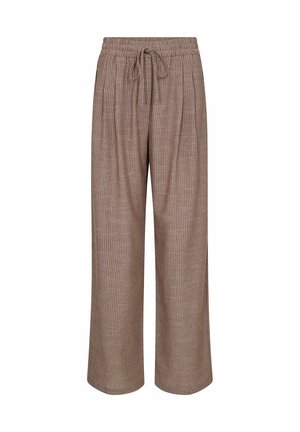 Barna, széles szárú nadrág függőleges, fehér csíkokkal és elasztikus derékrésszel, amelyen elöl megkötős zsinór található.