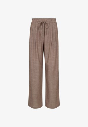 Barna, széles szárú nadrág függőleges, fehér csíkokkal és elasztikus derékrésszel, amelyen elöl megkötős zsinór található.