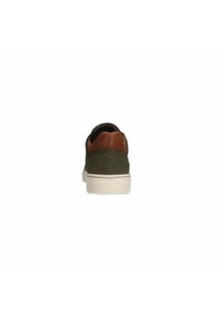 Green suede sneaker with a brown leather heel accent, white rubber sole, and a rounded toe, viewed from the back.