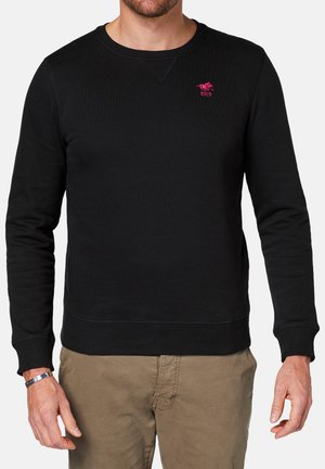 Schwarzes Sweatshirt mit Rundhalsausschnitt, gerippten Bündchen und Saum. Auffälliges, pink gesticktes Logo auf der Brust. Hergestellt aus weichem Stoff.
