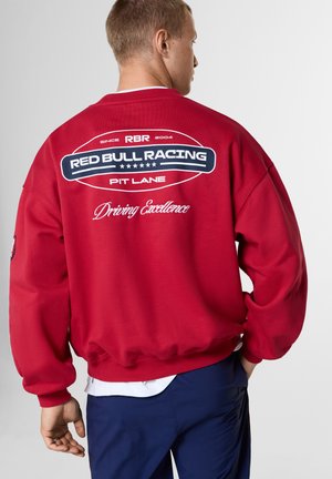 Hombre de espaldas con una sudadera roja con el texto "Red Bull Racing Pit Lane Driving Excellence" en la parte posterior.