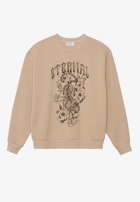 Sweat-shirt beige avec un col rond et des manches longues, arborant un motif noir d'un tigre entouré de fleurs et de texte sur le devant.