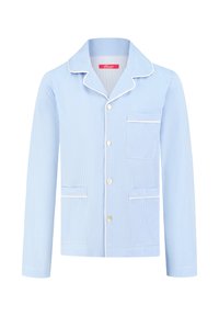 Helles blau-weiß kariertes Schlafanzugoberteil mit weißer Paspelierung, drei Fronttaschen und vier Knöpfen in der Mitte.