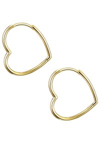 Auksinės širdies formos auskarai su žiedu, turintys lygų, blizgantį paviršių ir be siūlių užsegimą, kad būtų lengva užsidėti.