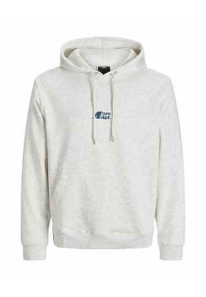 Hoodie gris en tissu doux, avec une poche kangourou et des cordons de serrage, portant un logo bleu sur la poitrine.