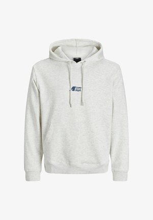 Szara bluza z kapturem wykonana z miękkiego materiału, z kieszenią kangurzą i sznurkami ściągającymi, z niebieskim logo na klatce piersiowej.