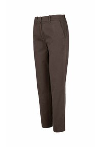 Pantaloni in cotone marrone con una vestibilità dritta, dotati di passanti per cintura e tasche laterali. Il tessuto è liscio con una finitura opaca.