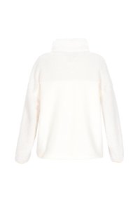 Witte fleece pullover met een hoge kraag, gemaakt van een zachte, gestructureerde stof. Het heeft lange mouwen en een relaxed fit.