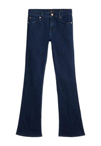 Donkerblauwe spijkerbroek met uitlopende pijpen, ritsopening, gouden knoopsluiting, vijf zakken en een nette zoom, met een gladde textuur.