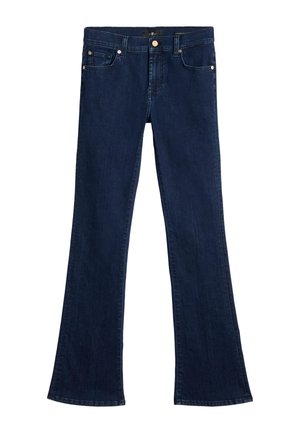 Donkerblauwe spijkerbroek met uitlopende pijpen, ritsopening, gouden knoopsluiting, vijf zakken en een nette zoom, met een gladde textuur.