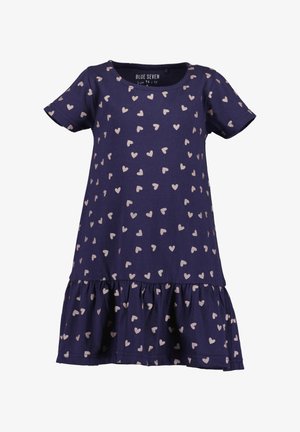 Abito per bambini a maniche corte di colore blu navy con motivo di cuori rosa sparsi e orlo arruffato. Taglia etichettata 98/3Y.