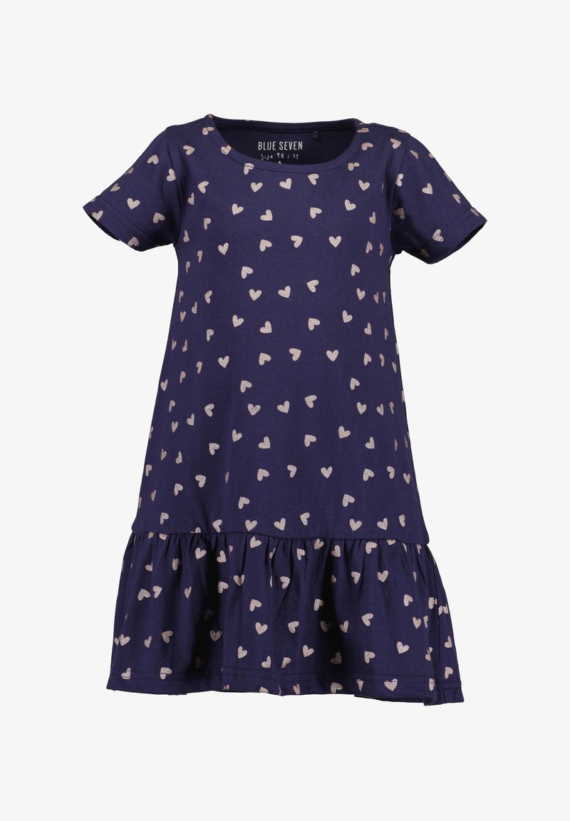Robe pour tout-petits à manches courtes, de couleur bleu marine, ornée de motifs de cœurs roses éparpillés et d'un ourlet volanté. Taille indiquée 98/3 ans.