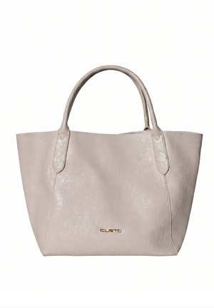 Borsa tote in pelle beige con due manici e logo dorato "CUSTO" centrato sul pannello frontale.