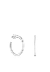 Pendientes de aro de plata con un diseño circular y suave, adornados con una pequeña flor en el cierre. El acabado pulido añade brillo.