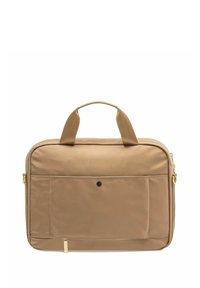 Beżowa torba na laptopa o gładkim, matowym wykończeniu, z podwójnymi uchwytami, przednią kieszenią, złotymi akcentami i zamkiem błyskawicznym na górze.