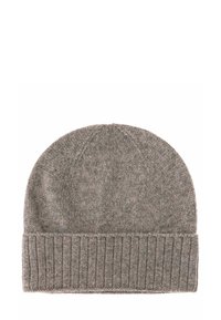 Knit grey beanie hat with a ribbed cuff. The texture is soft, featuring a slightly heathered pattern throughout. Classic rounded shape.