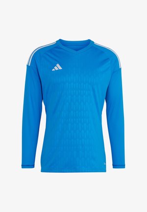 Camiseta de manga larga azul con cuello en V. Material ligero con un patrón texturizado de diamantes y tres franjas blancas en cada hombro.