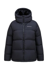 Giubbotto imbottito blu navy con cappuccio, dotato di zip frontale, polsini elastici e design trapuntato con imbottitura per l'isolamento.