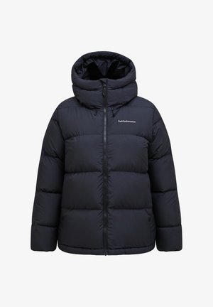Giubbotto imbottito blu navy con cappuccio, dotato di zip frontale, polsini elastici e design trapuntato con imbottitura per l'isolamento.
