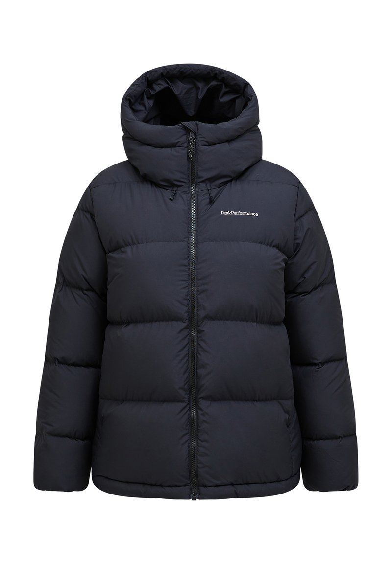 Giubbotto imbottito blu navy con cappuccio, dotato di zip frontale, polsini elastici e design trapuntato con imbottitura per l'isolamento.