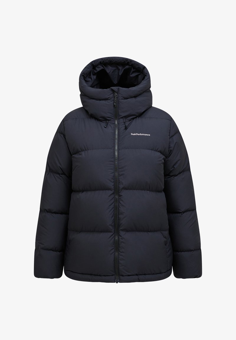 Navy puffer jacket with a hood, featuring a front zipper, elastic cuffs, and a quilted design with padding for insulation.