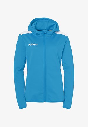 Blå hættetrøje med lynlås fortil, hvide detaljer på skuldrene og "Kempa" logoet på venstre bryst. Glat, letvægtsstof.